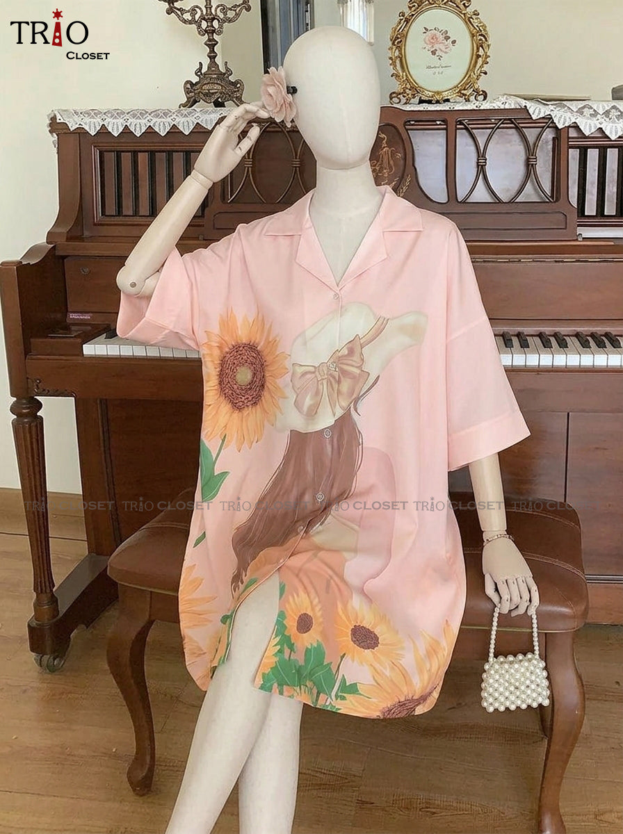 Half Sleeve Ice Silk Long Shirt Peach Floral