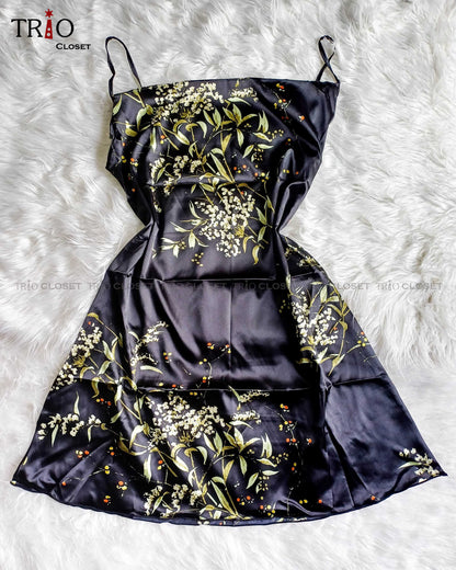 Top-end Printed Silk Night Dress Black