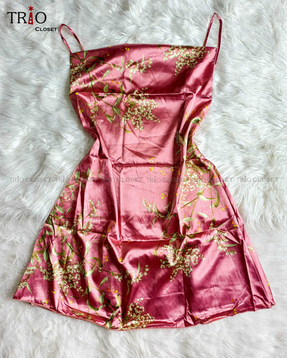 Top-end Printed Silk Night Dress Pink