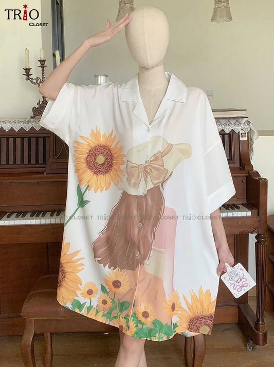 Half Sleeve Ice Silk Long Shirt White Floral