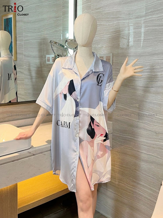 Half Sleeve Ice Silk Long Shirt Grey