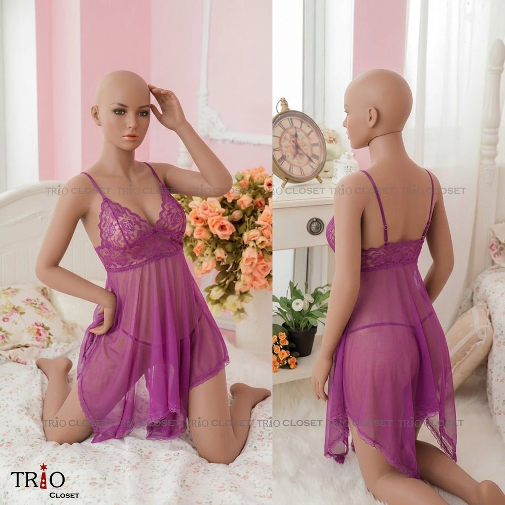 Aesthetic Soft Net Night Dress Purple
