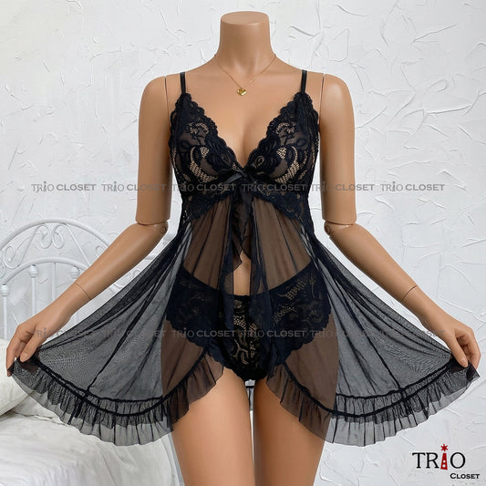 Soft V-Neck Night Dress Set Black