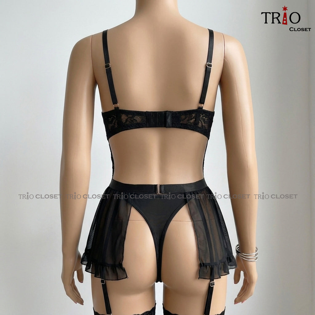 French See Through With Socks Night Dress Black