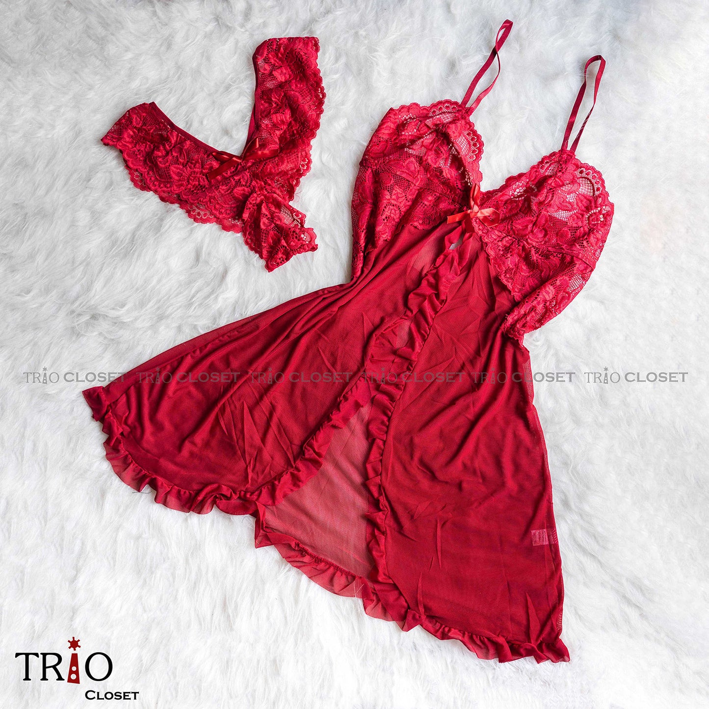Soft V-Neck Night Dress Set Wine Red