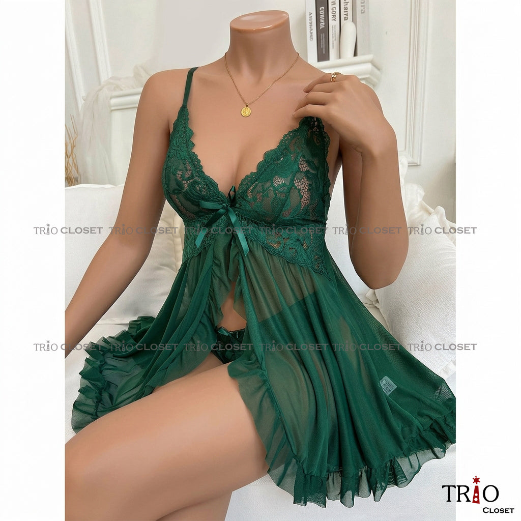 Soft V-Neck Night Dress Set Green