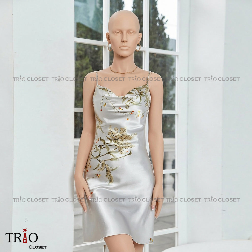 Printed Silk Night Dress Grey
