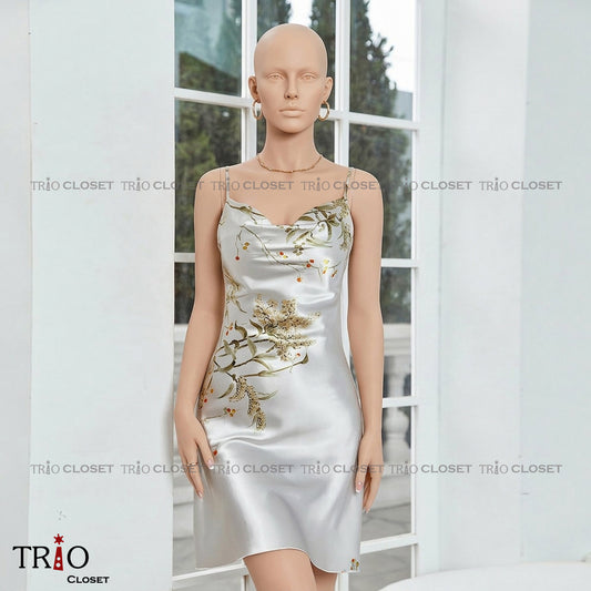 Printed Silk Night Dress Grey