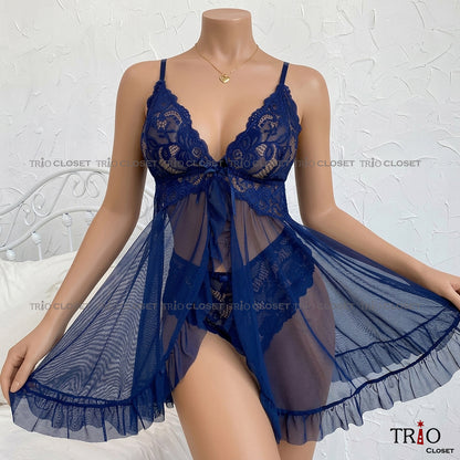Soft V-Neck Night Dress Set Blue