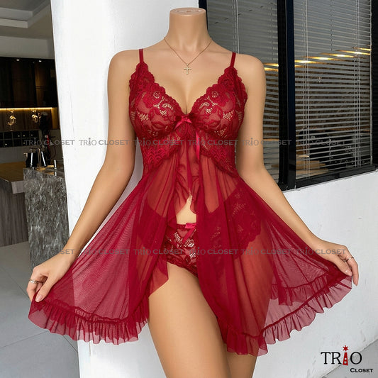 Soft V-Neck Night Dress Set Wine Red