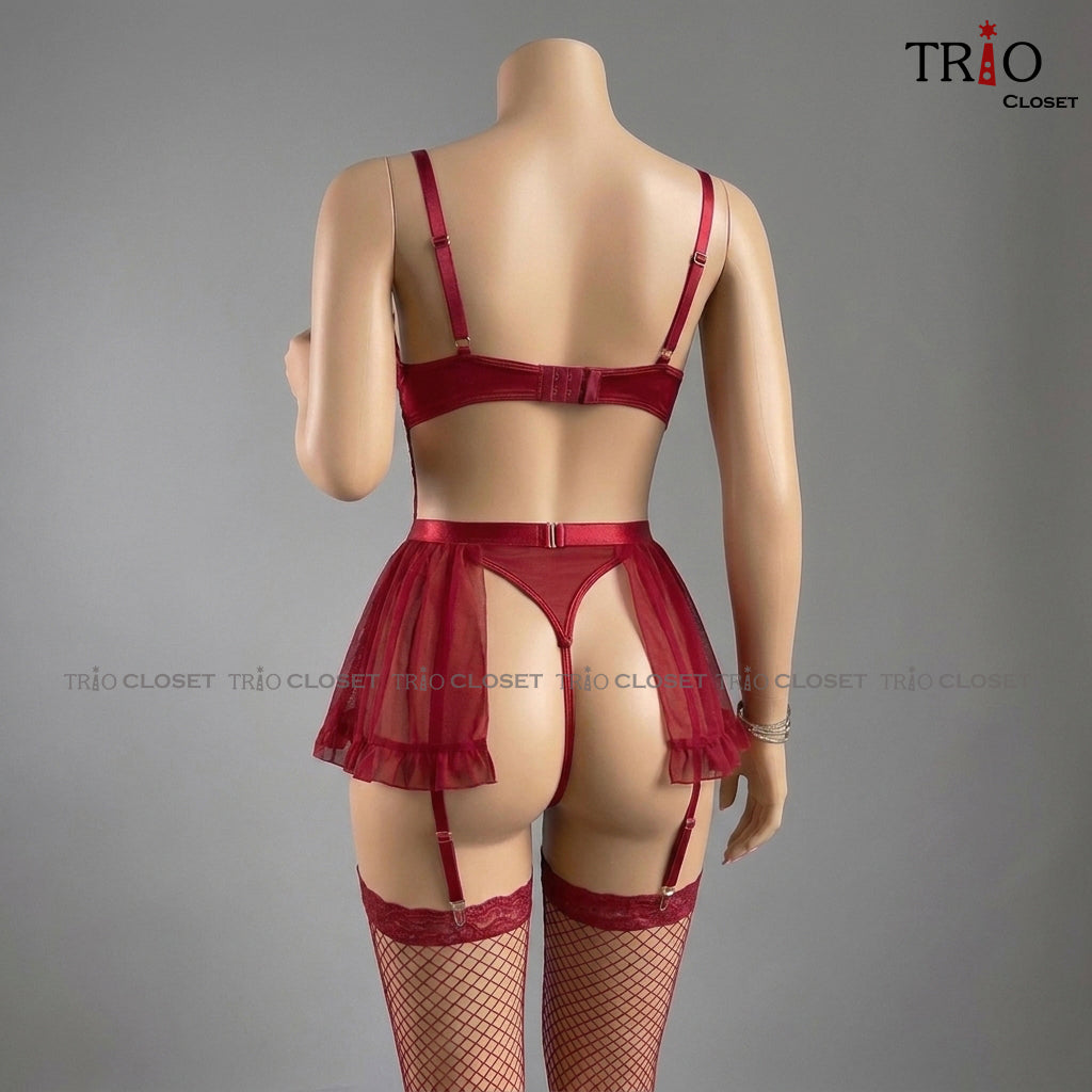 French See Through With Socks Night Dress Wine Red