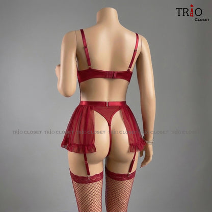French See Through With Socks Night Dress Wine Red